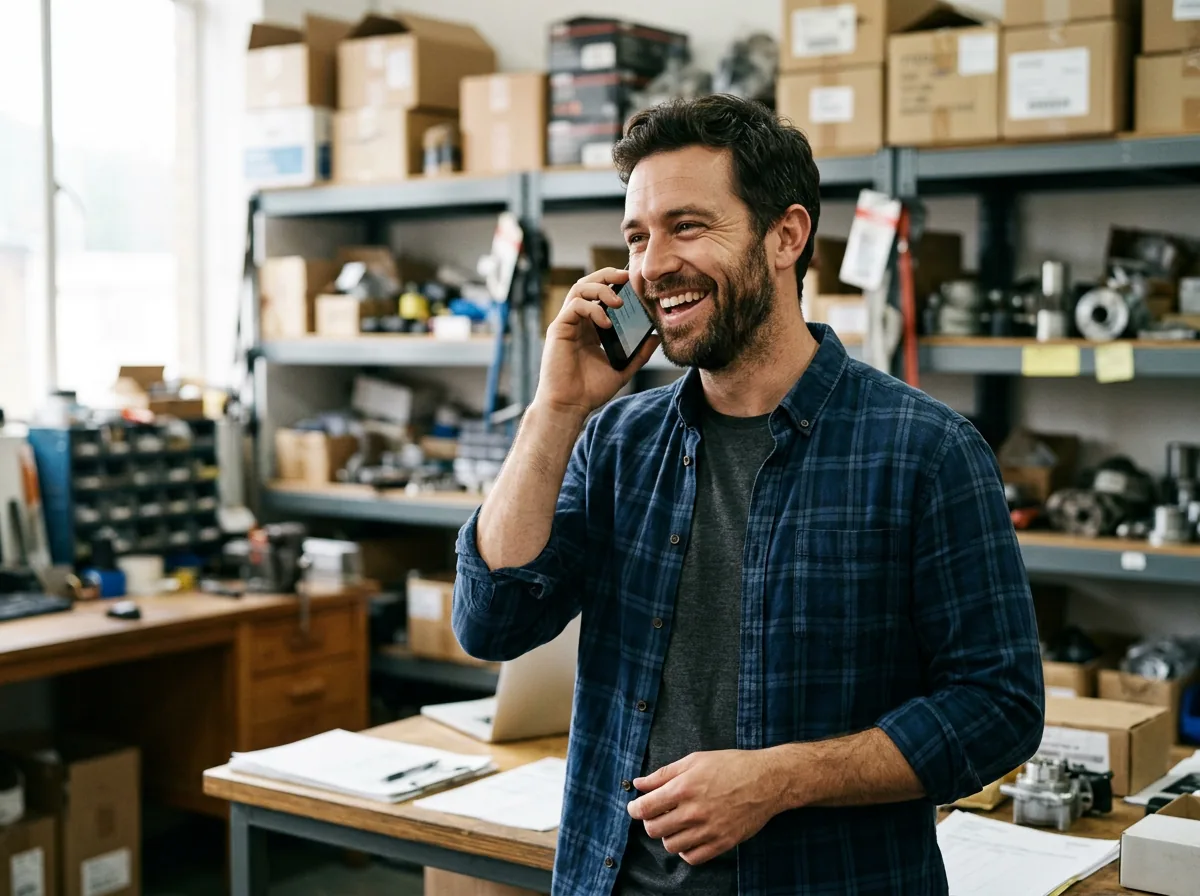 Business owner taking a call from their AI assistant